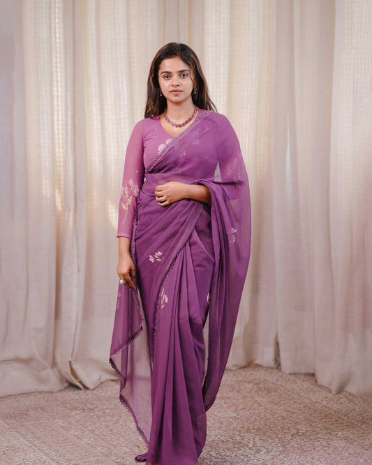 Purple Faux Georgette with hand work