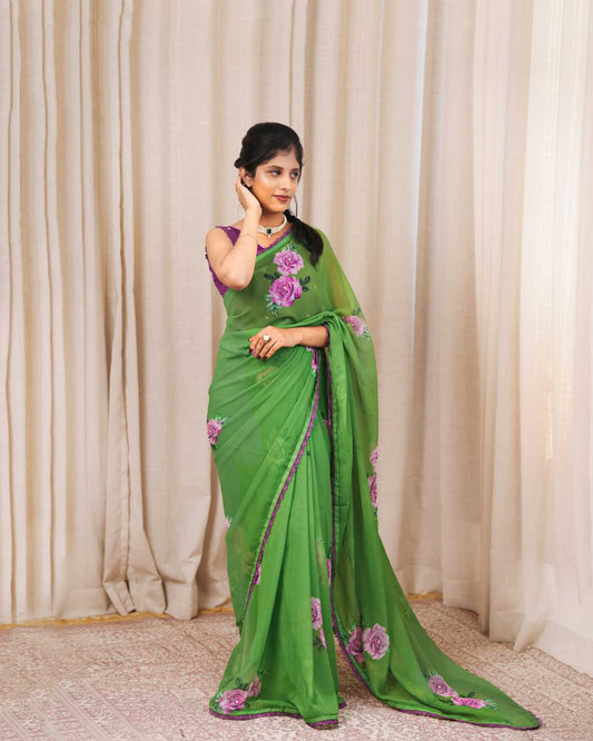 Green Faux Georgette with hand work
