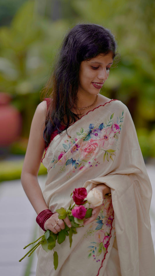 Semi Tussur Party Wear Onam Saree with Red Scallop Border & Blouse Piece