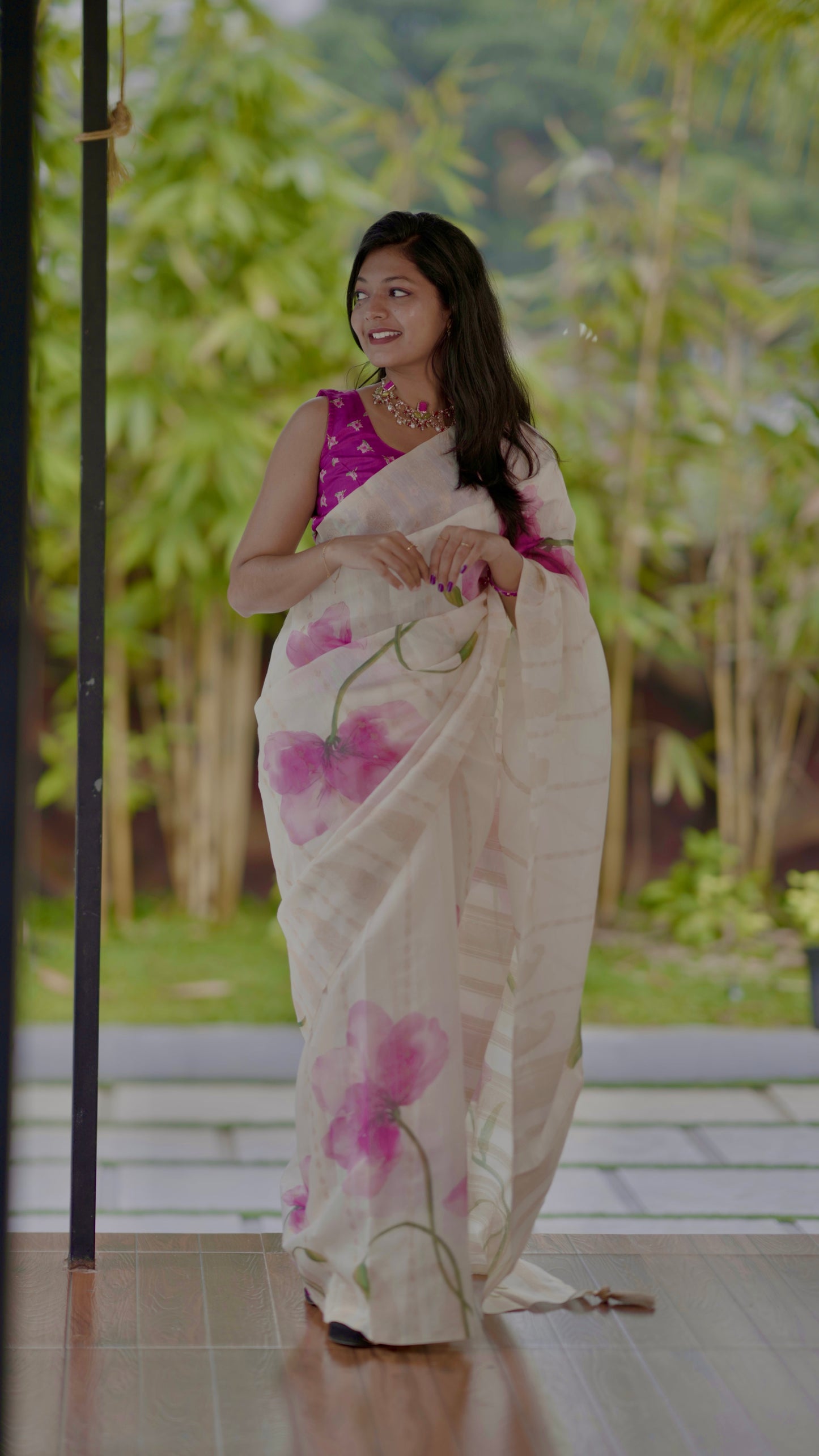 Soft Easy-to-Wear Saree with Lavender Floral Design & Blouse Piece