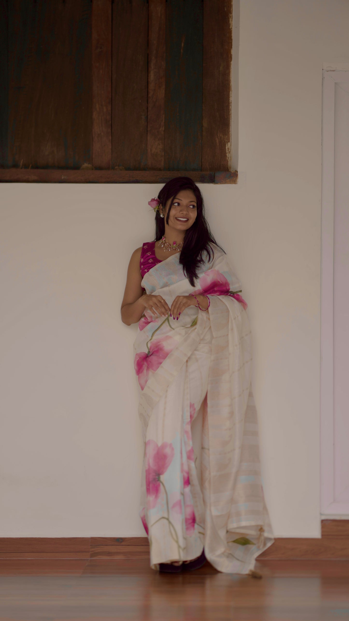 Soft Easy-to-Wear Saree with Lavender Floral Design & Blouse Piece