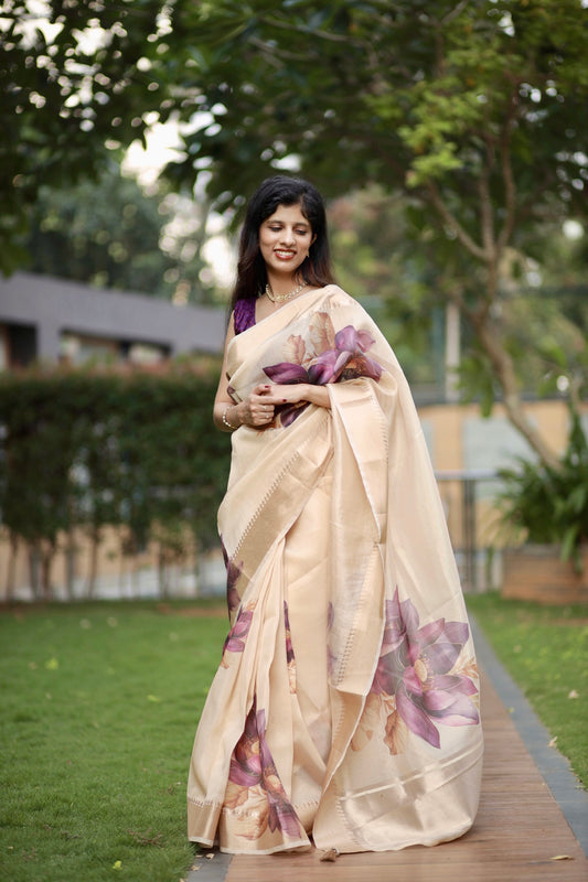 Vishu Special Golden Tissue Saree with Purple Digital Floral Prints (Blouse Included)
