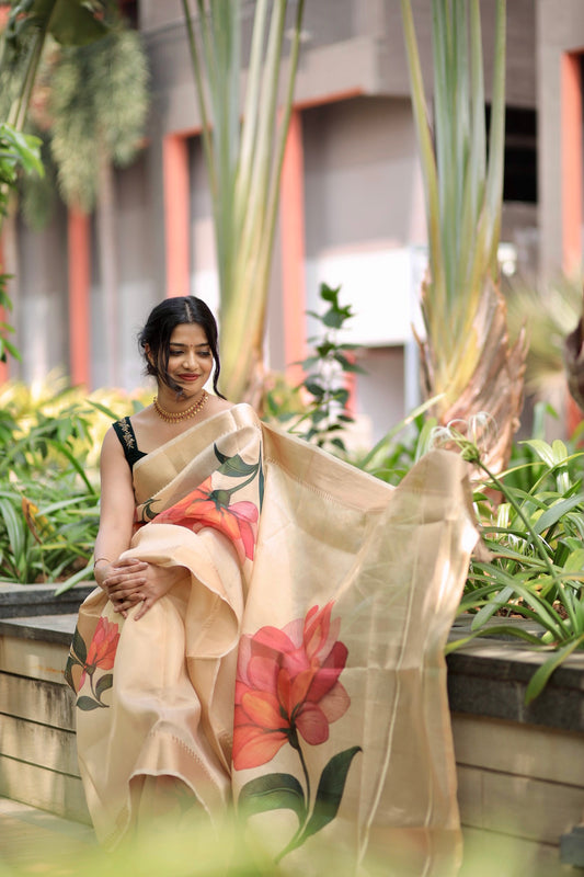Vishu Special Golden Tissue Saree with Golden Borders & Orange Floral Prints (Blouse Included)