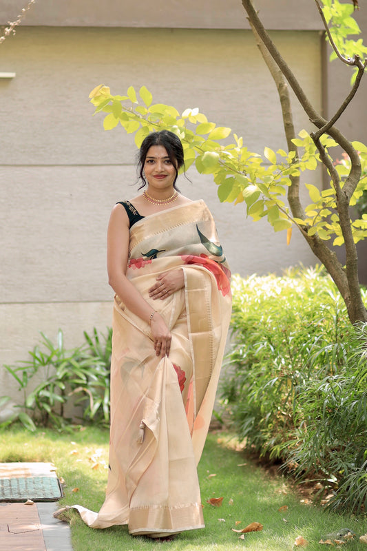 Vishu Special Golden Tissue Saree with Golden Borders & Orange Floral Prints (Blouse Included)