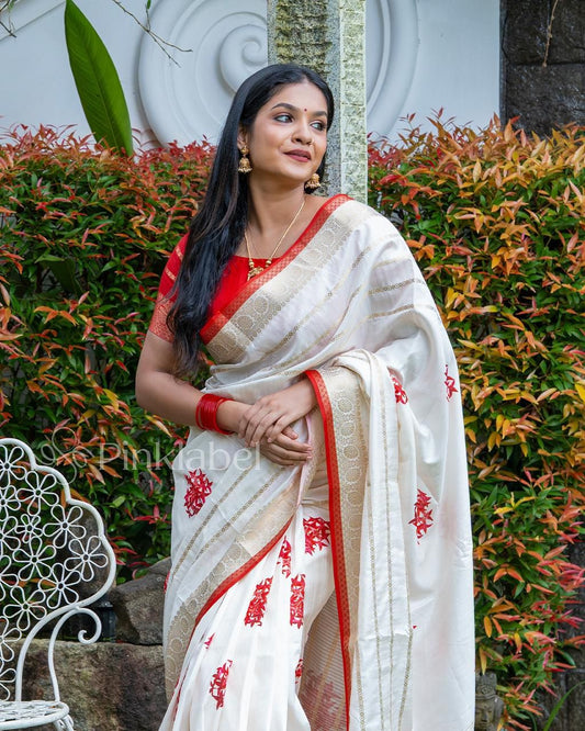 Onam Special Kasavu-Inspired Red Border Saree by Pinklabel
