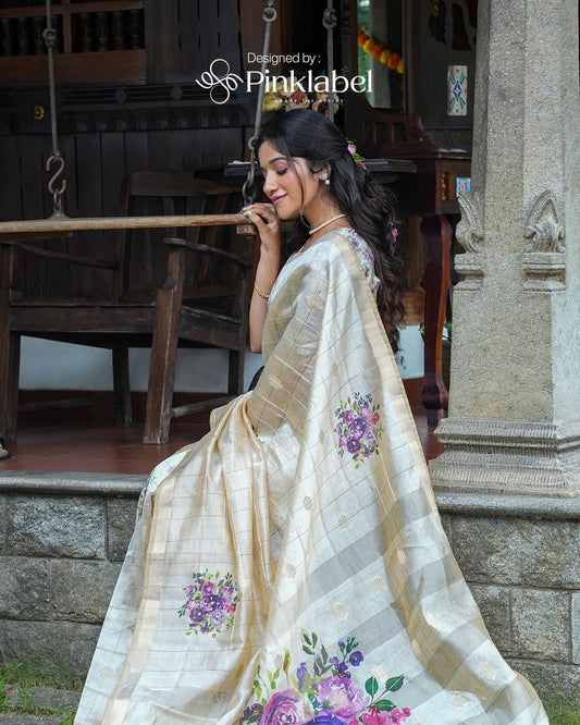 Onam special lilac floral print saree pink label