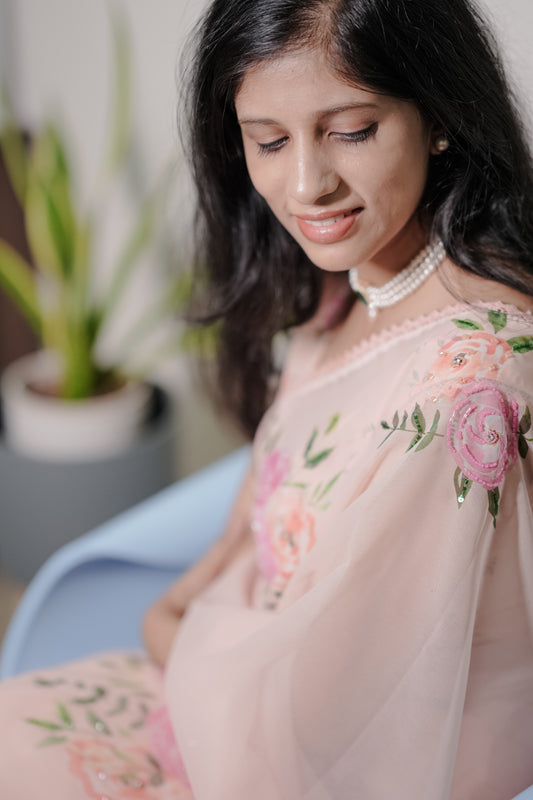 Pink Label handwork faux georgette saree with intricate embroidery detailing
