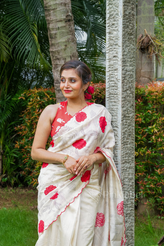 pink label premium soft silk red and cream saree with elegant patchwork detailing pink
