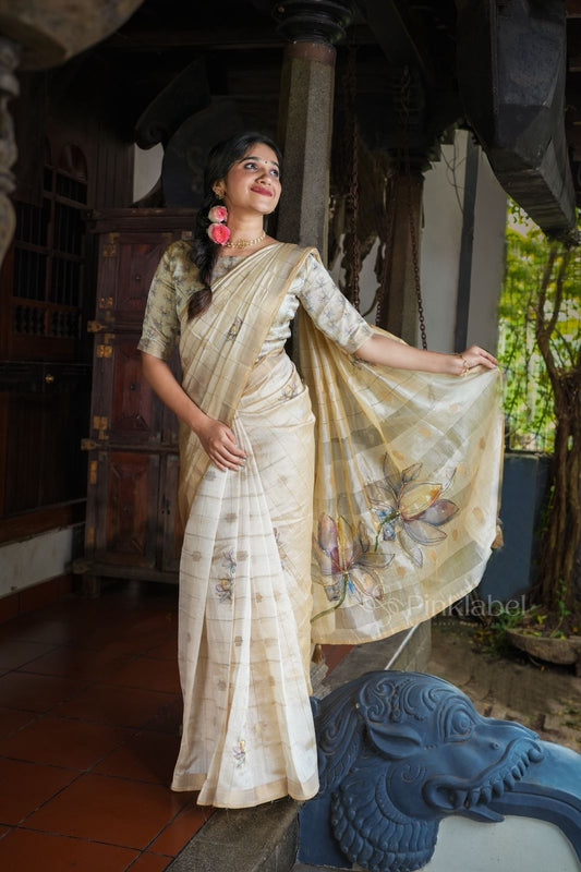 Pink Label soft silk saree with lotus handwork on pallu and body