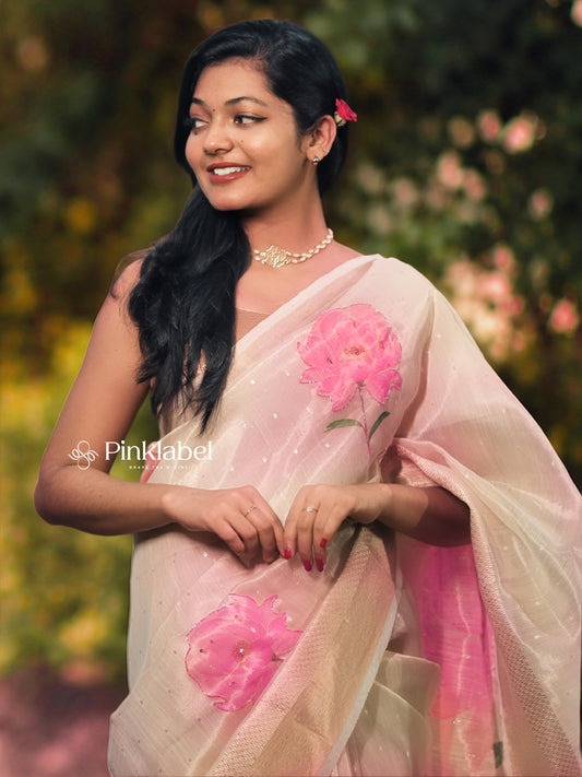 Ivory Tissue Saree with Soft Pink Floral Motifs