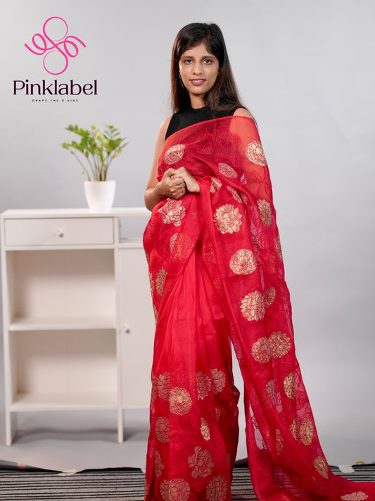 Red Organza Saree adorned with delicate Applique work