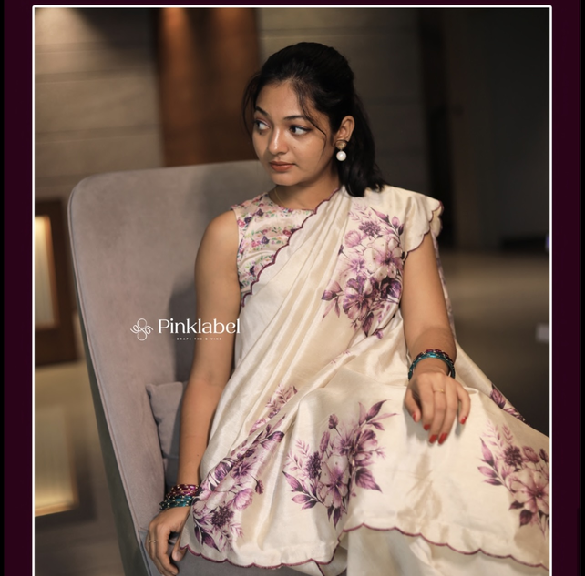 Tissue Saree with Purple Floral Print & Scalloped Border