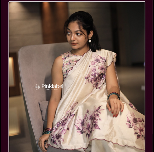 Tissue Saree with Purple Floral Print & Scalloped Border