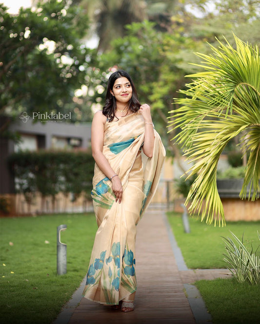 Vishu Special Blue Tissue Saree with Golden Borders & Digital Prints (Blouse Included)