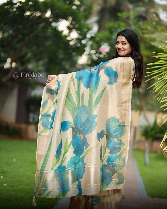 Vishu Special Blue Tissue Saree with Golden Borders & Digital Prints (Blouse Included)